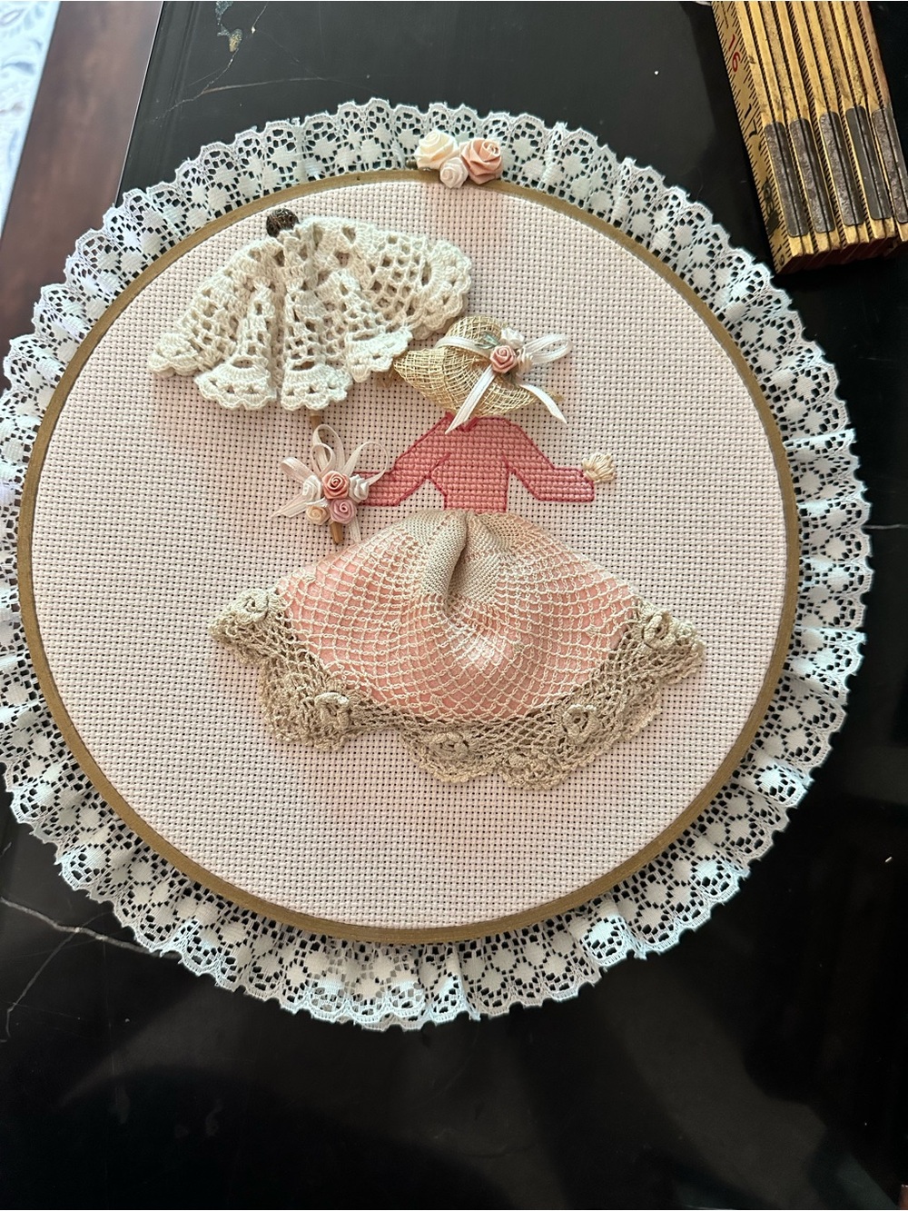 Handmade Sunbonnet Sue Embroidery Hoop with Lace and Ribbon Roses